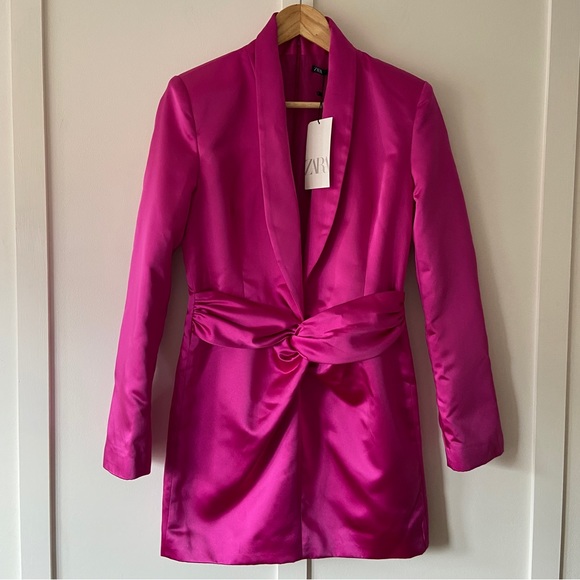 Zara Dresses & Skirts - Zara Pink Satin Blazer Dress, deep v neckline & knotted waistband - Size Medium